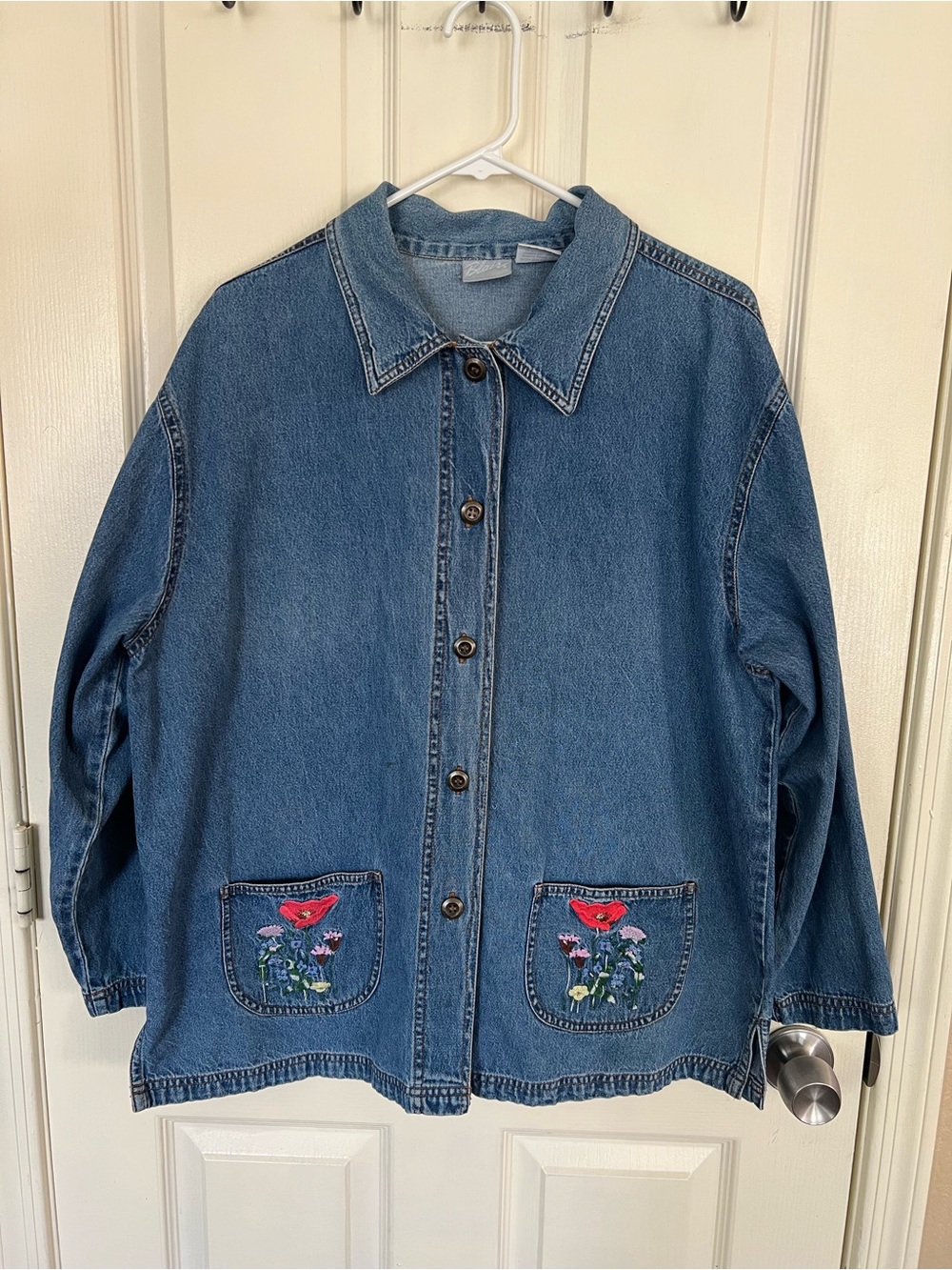 Vintage Embroidered Floral Chore Jacket Shirt Blue Button Front Cotton Size L